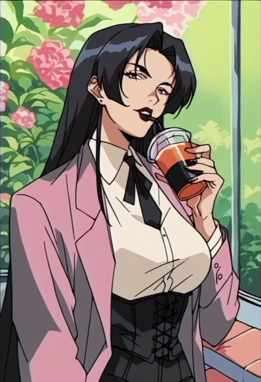 beautyful mature japanese woman, slim body, slender body, pink corporate suit, black tie, big long fringe black hair, black lipstick, black corset, milf, black chocker, black nacklaces, drinking tea