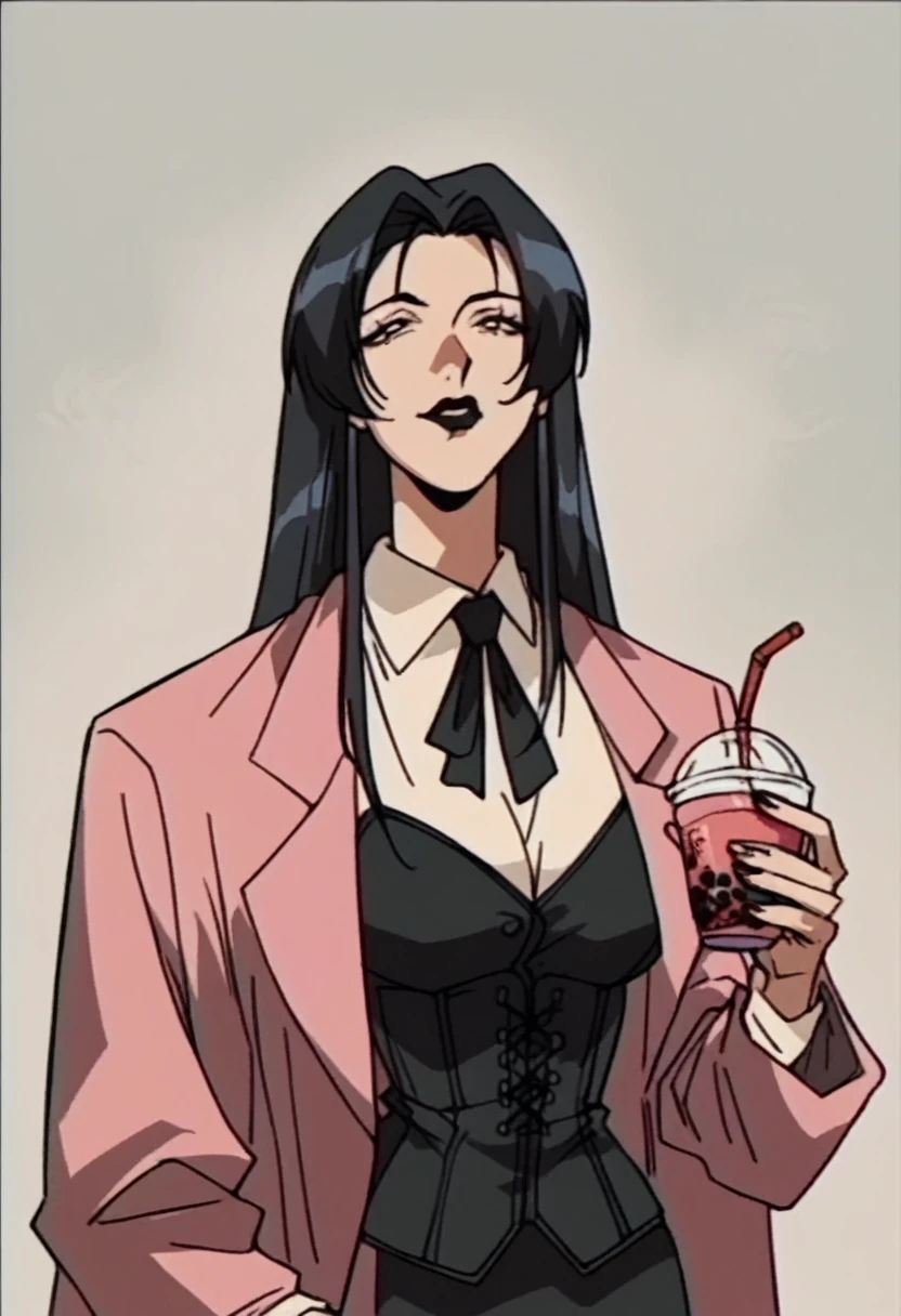 beautyful mature japanese woman, slim body, slender body, pink corporate suit, black tie, big long fringe black hair, black lipstick, black corset, milf, black chocker, black nacklaces, drinking tea