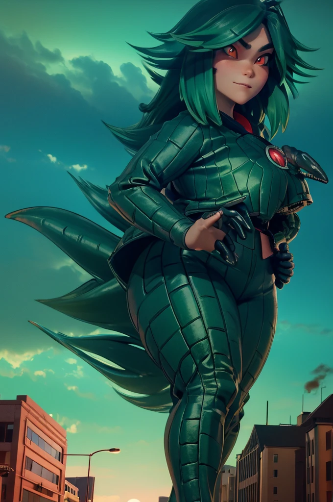 3d, godzilla chan, long hair, reptile tail, giantess, towering over a city, massive breasts, green short hair, red eyes, on a street, massive oversized breast 
