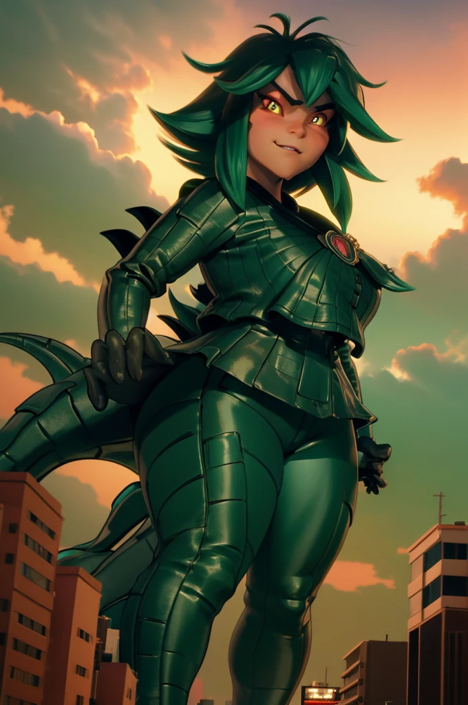 3d, godzilla chan, long hair, reptile tail, giantess, towering over a city, massive breasts, green short hair, red eyes, on a street, massive oversized breast 
