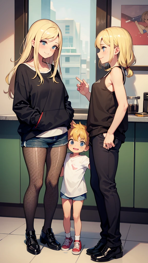 two sexy women looking down at 4  boy with blonde hair and shorts, women touch behind of boy's head, women have flustered smiles