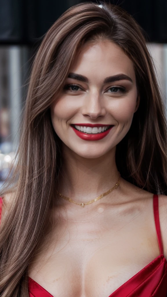 a close up of a woman with long hair wearing a red dress, portrait sophie mudd, cheeky smile with red lips, pokimane, madison beer girl portrait, perfect smile, she has perfect white teeths, beautiful smile, perfect smile vogue, smiling fashion model, wearing gold detailed choker, beautiful and smiling, olivia culpo, pretty smile, julia sarda
