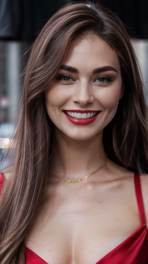 a close up of a woman with long hair wearing a red dress, portrait sophie mudd, cheeky smile with red lips, pokimane, madison beer girl portrait, perfect smile, she has perfect white teeths, beautiful smile, perfect smile vogue, smiling fashion model, wearing gold detailed choker, beautiful and smiling, olivia culpo, pretty smile, julia sarda