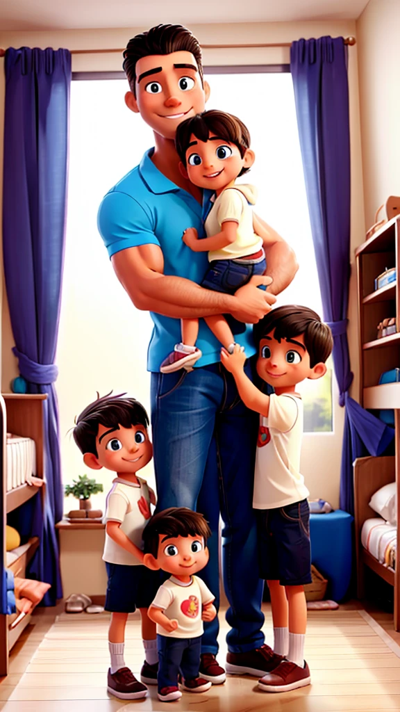 Happy family with beautiful mommy, handsome and muscular daddy, and 2 cute kids (boys) hugging each other inside the bedroom