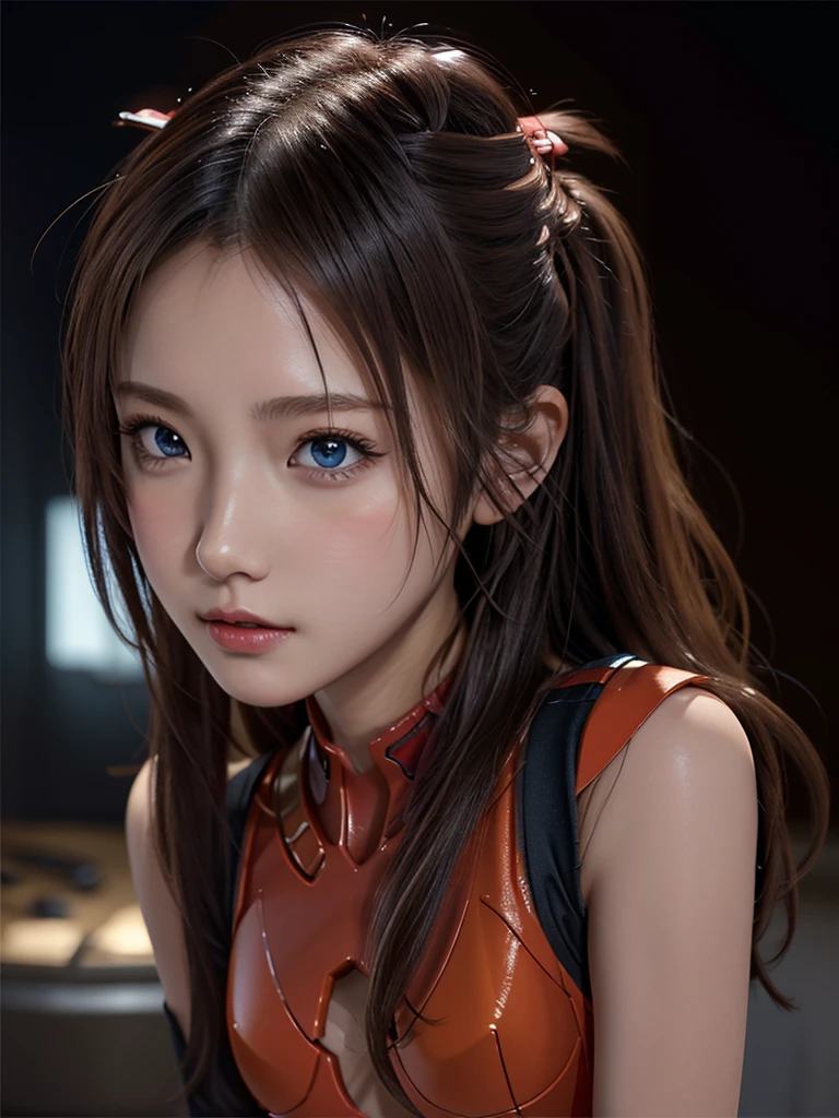 ((Best quality)), ((Masterpiece)), (Details: 1.4), 3D, Asuka Langley Soryu, Asuka, high resolution (high dynamic range), ray tracing, NVIDIA, super resolution, Unreal 5, subsurface scattering ,PBR texturing, post-processing, anisotropic filtering, depth of field, maximum sharpness and sharpness, multi-layered textures, albedo and specular maps, surface shading, accurate simulation of light and matter interaction, perfect proportions ,Octane Rendering,Two-Tone Lighting,Wide Aperture,Low ISO,White Balance,Rule of Thirds,8K RAW,(Masterpiece: 1.4, Best Quality), (Intricate Details), Unity8k Wallpaper, Highly Detailed, Beautiful and Mysterious, Details background, realistic, alone, perfectly detailed face, detailed blue eyes, highly detailed, blush, hair ornament, chignon mahogany hair, (blonde), plug suit 02, Shikinami Asuka Langley, Evangelion, Slender -yeld gi full body suit, black background, above the waist,composition that shows the whole body,