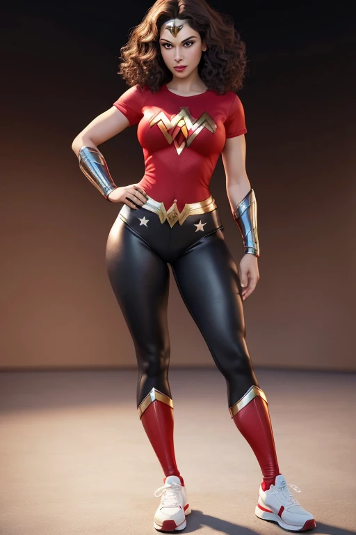 charachter , disney pixar style, 3d, very short, short dark brown curly hair, light brown skin color, honey-colored eyes,with thick legs, thinner arms,black leggings with wonder woman emblem, Red shirt, White sneakers, White background, 8 k quality
