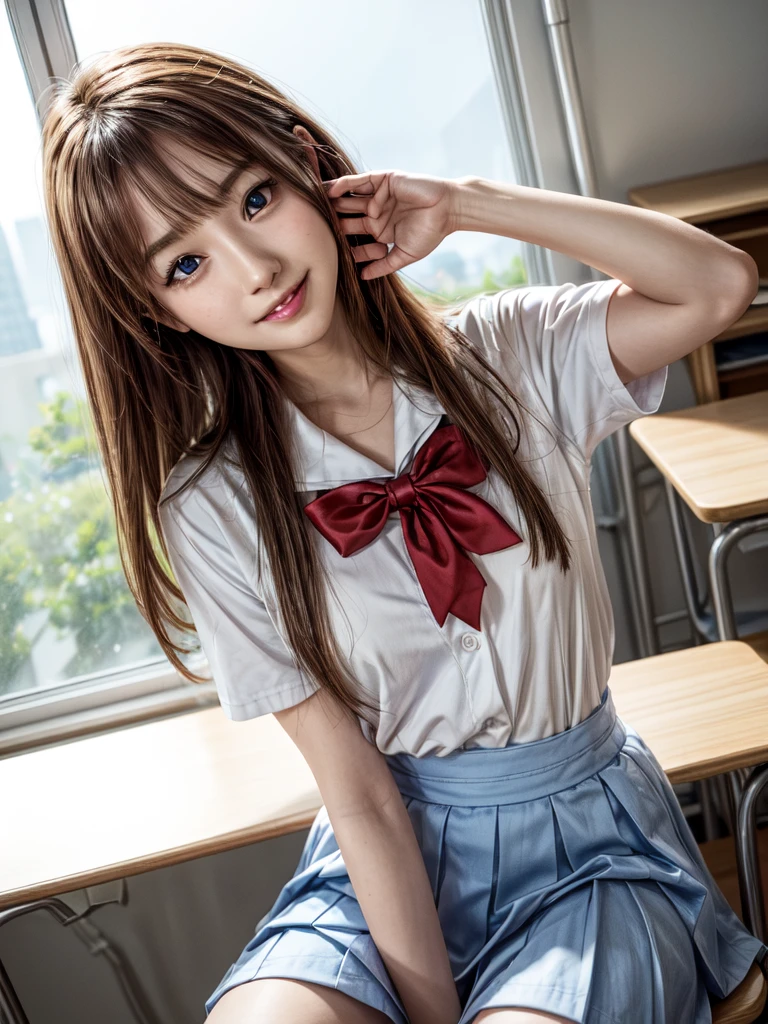 (8K, Highest quality, Pieces fly:1.2)、Ultra-high resolution、anime,1 very pretty girl,Asuka Langley,Highly detailed face, Fine grain,blue eyes,,White sailor collar plain short sleeve shirt,Light blue skirt,Light Blue Suspenders,uniform_Red ribbon,Orange Hair,Long Hair、Detailed hand and fingers,put your hands in your hair,Grin、sitting on desk,Shooting from above,classroom