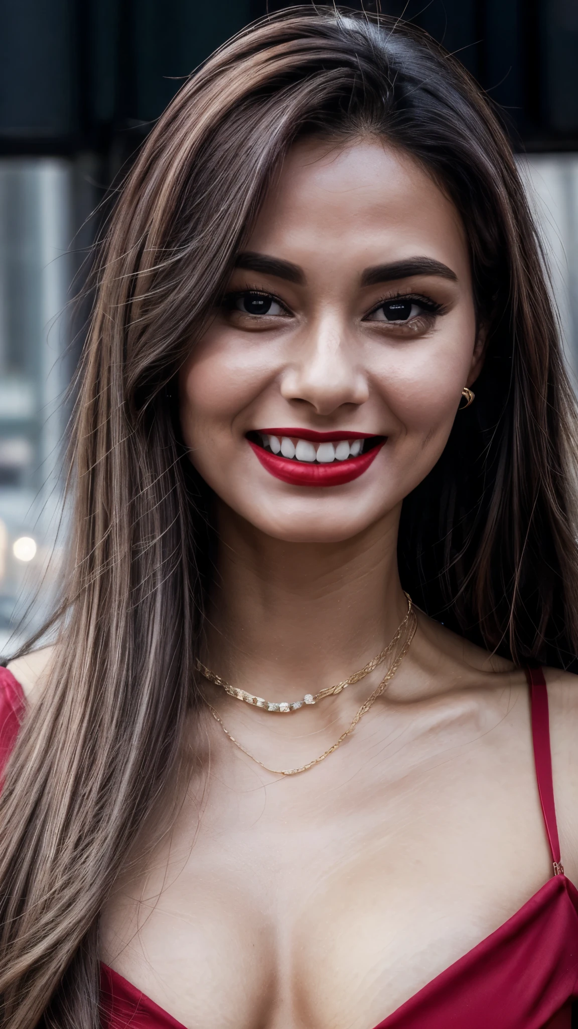 image of a girl in dubai realistic image of a 20 year old girl, solo, red lipstick, red lips glossy, long black hair, beatiful breasts, looking at viewer, blonde hair, bare shoulders, black eyes, jewelry, full body, necklace, off shoulder, short blue blouse, lips, realistic, nose, flirting with camera, masterpies, smiling face with dimple