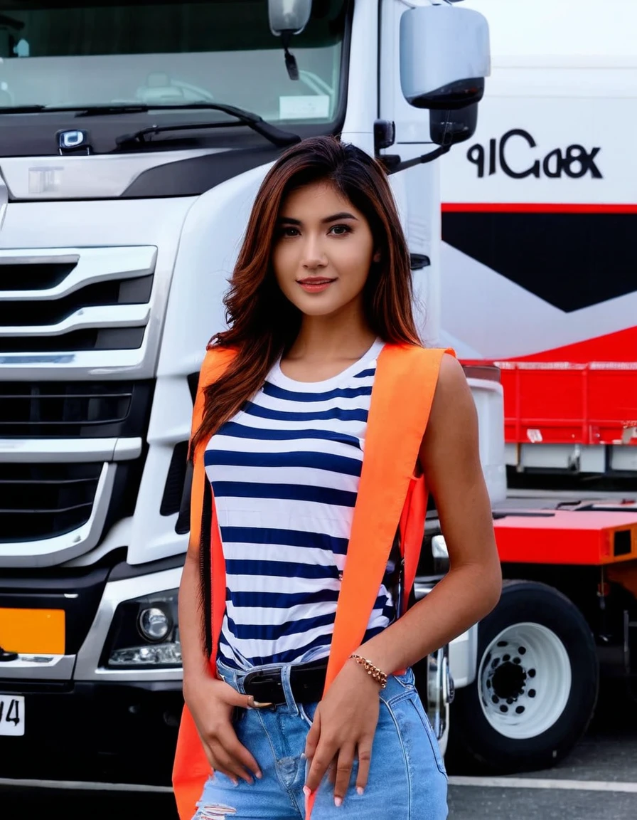  truck driver beautiful girl, close up, infront of the truck, 