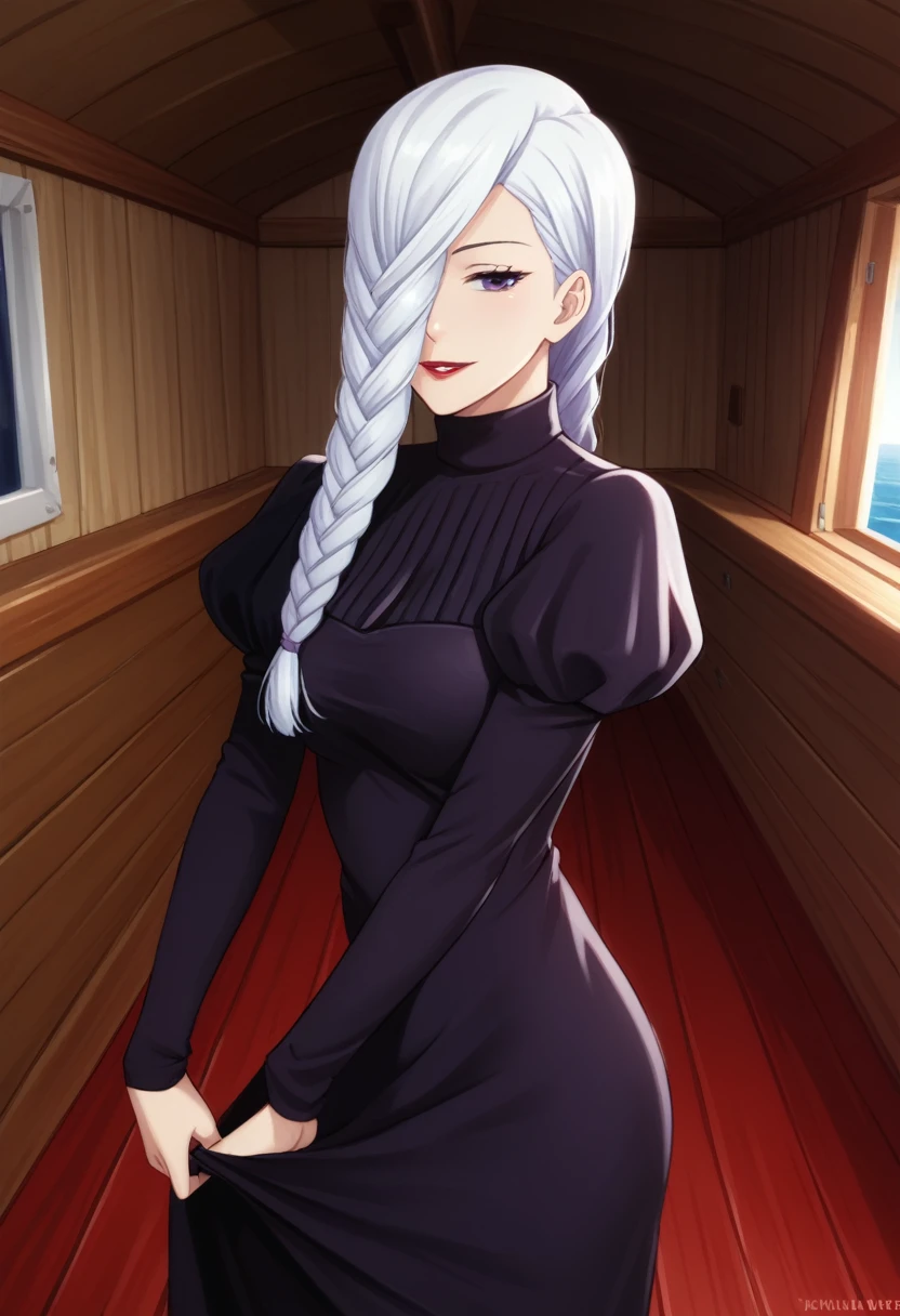 score_9_up, score_8_up, score_7_up, 1girl, solo, mature female, mei mei, looking at viewer, white hair, braid, hair over one eye, half closed eye, braided ponytail, braided bangs, purple eye, red lips, parted lips, naughty smile, long sleeves, dress, puffy sleeves, black dress, juliet sleeves, turtleneck dress,((yacht cabin)), night time, standing tall in seductive pose, pulling up her dress, showing red thong under her dress(((dress up)))