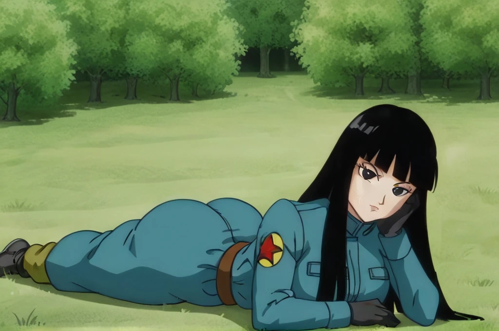 source_anime, score_9,score_8_up, score_7_up,  anime screencap,
solo, 1girl, big butt, big breasts, thick thighs, wide hips, huge booty, pants halfway down showing big butt,
mai, long hair, black hair, black eyes, coat, military, military uniform, pouch, black gloves, uniform, yellow pants,  aiming at viewer, lying on stomach, forest, tree, grass, gun focus,