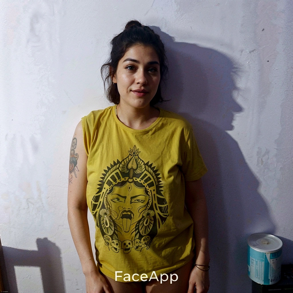There is a woman standing in front of a wall in a yellow shirt, face photo, with precise face, cara con artgram, the drinker does it, beautiful face, cara sexy, with facial tattoo, very very very beautiful face, face photo, ugly appearance, attractive face, Detailed dress and face, fierce appearance, full face portrait