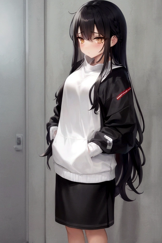obramaestra, high quality, 1 girl, long black hair, tied, with clips in hair, moron, nervous, shy, baggy clothes, grey eyes.