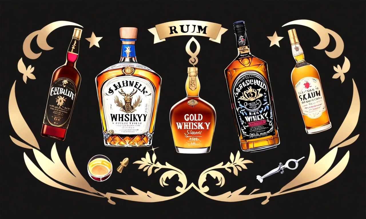 beer,logo,corkscrew,wine,whisky,rum,gold and blue,simple backgrpund,black background,symmetrical