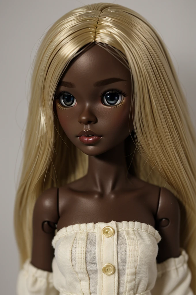 Blythe doll….dark skin, medium-sized, blond hair, slightly thin eyebrows