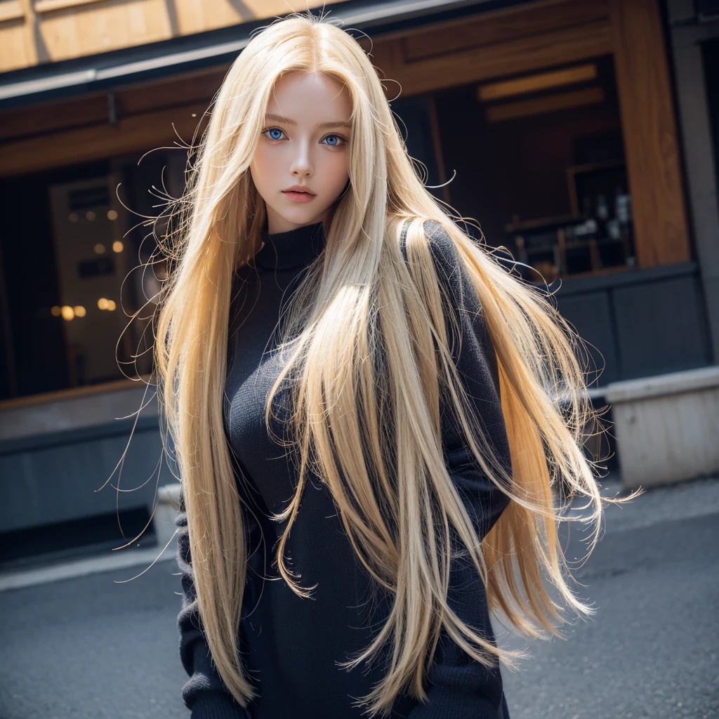 humanoid female, long blonde hair blue eyes 6 foot seven inch, 38 24 36