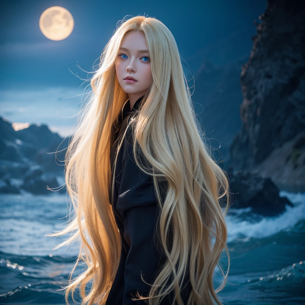 humanoid female, long blonde hair blue eyes 6 foot seven inch, 38 24 36