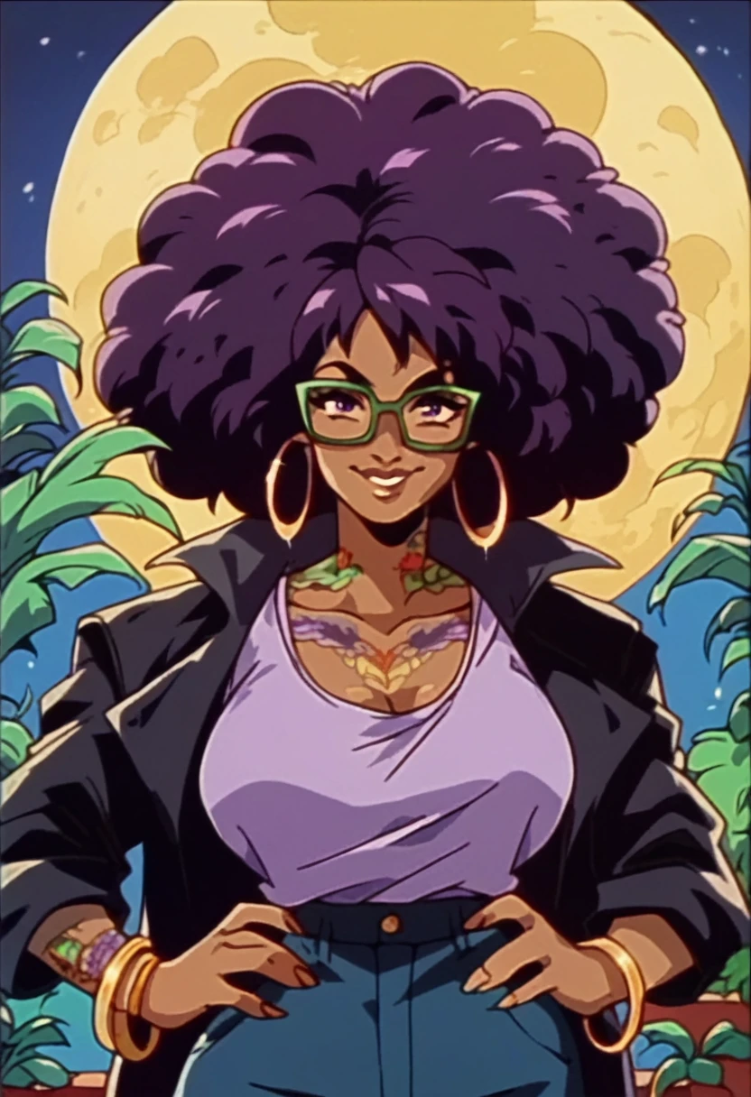 beautyful brown woman, brown skin, black skin, huge full afro purple hair, black lipistick, full lips, purple shirt, purple eyes, black motorcyclist jacket, hoop earring, green glasses, dragon tattoo, night, smile, hands in waist
