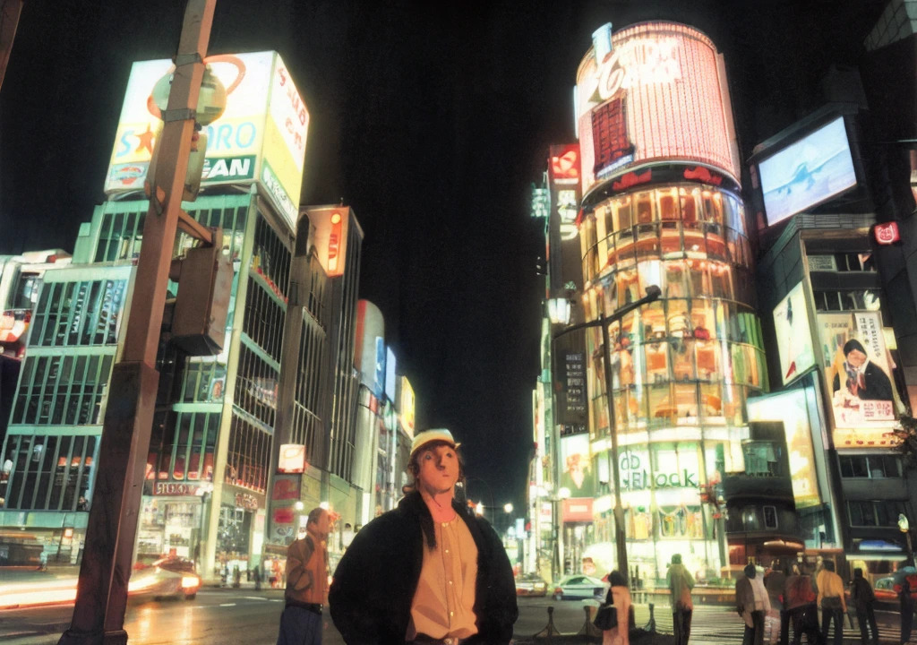 Taiga Aisaka standing on the street in Tokyo, (night), winter, (neon lights), VHS, vintage, manga style, snow, black background, (bangs), wavy hair, glitch art, light brown hair, 90's