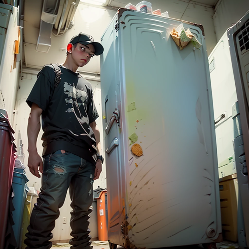 the guy is standing in front of the refrigerator the guy is in shock the refrigerator is hiding ice cream 