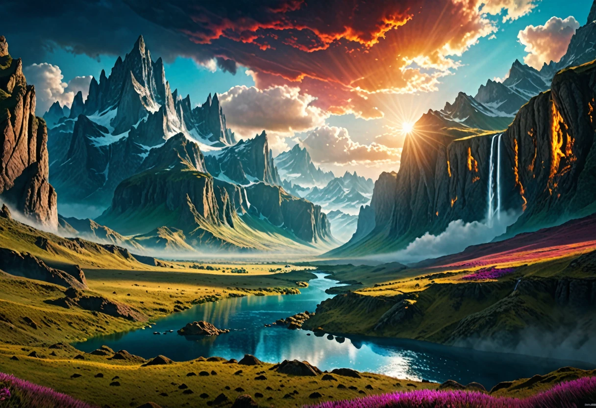Majestic landscape, photorealistic, fantasy movie style, dramatic lighting, epic scenery, detailed, vibrant colors, otherworldly, high definition, cinematic, ultra-high resolution