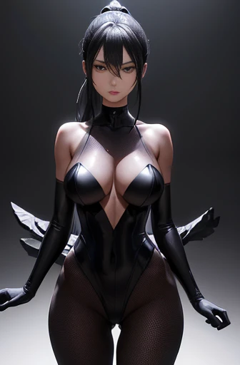 Ultra-realistic full-body image of a slender black-haired girl with a ponytail, wearing a tight black suit that accentuates her curves. Her hands, extremely detailed, with intricately defined veins and textured skin, They sit delicately on your hips. The suit sticks to his body., revealing the curves and contours of her figure in exquisite detail. Detailed eyes with enlarged pupils., sharp focus, and a fascinating expression, Complete the hyperrealistic scene.. the image is rendered at the highest resolution, with vivid colors and dynamic lighting to bring the scene to life. the girl&#39;s hair, a short and elegant ponytail

