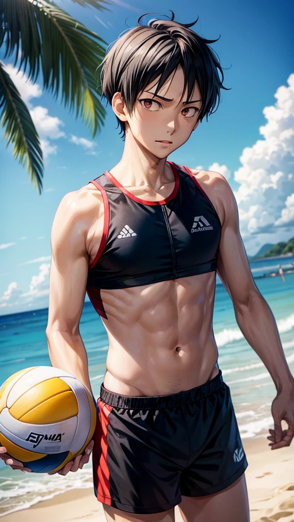 high res, Tobio Kageyama ,haikyuu!!, black hair, solo, 1boy, male, beach, sea, outside, detailed eyes, close up, beach volleyball, full face