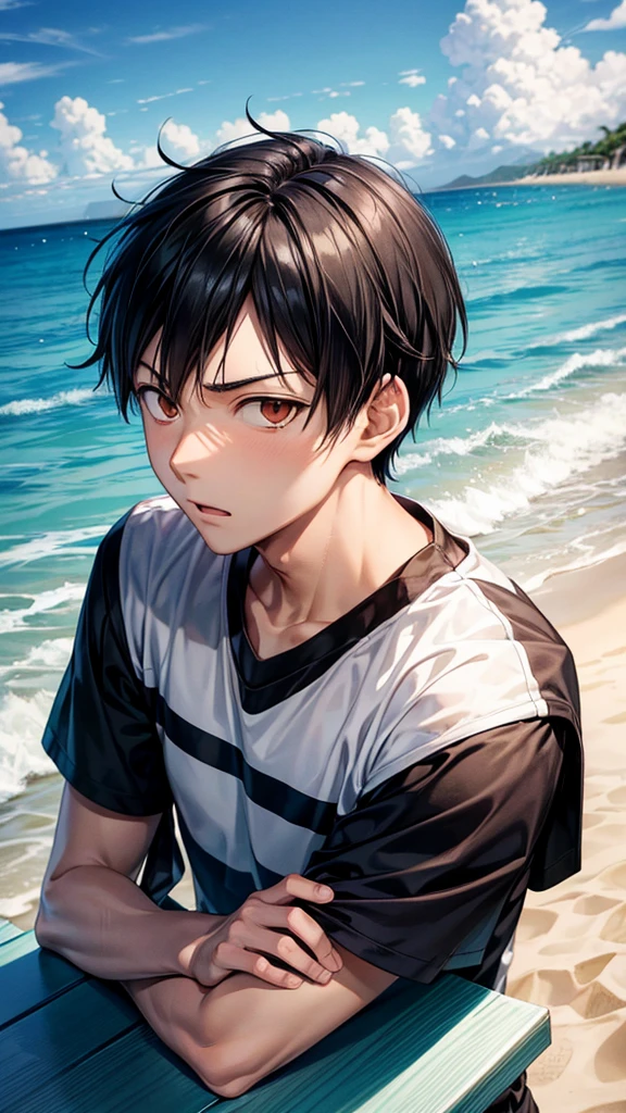 high res, Tobio Kageyama ,haikyuu!!, black hair, solo, 1boy, male, beach, sea, outside, detailed eyes, close up, beach volleyball, full face