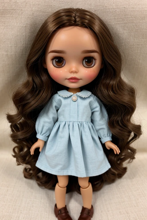 blythe doll with brown eyes, long brown hair that is a little wavy so that you can see his forehead, with blushing cheeks, with a small nose, with a mole on his cheek and bushy eyebrows, and with a light blue dress