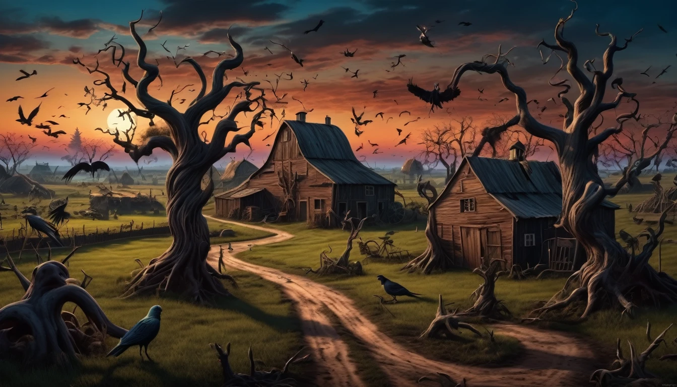 A mystery, Surreal farm at dusk with luan filled with exaggerated shadows ,twisted trees , death birds and monsters in the distance . Hyperrealistic photo, dark colors, 16k