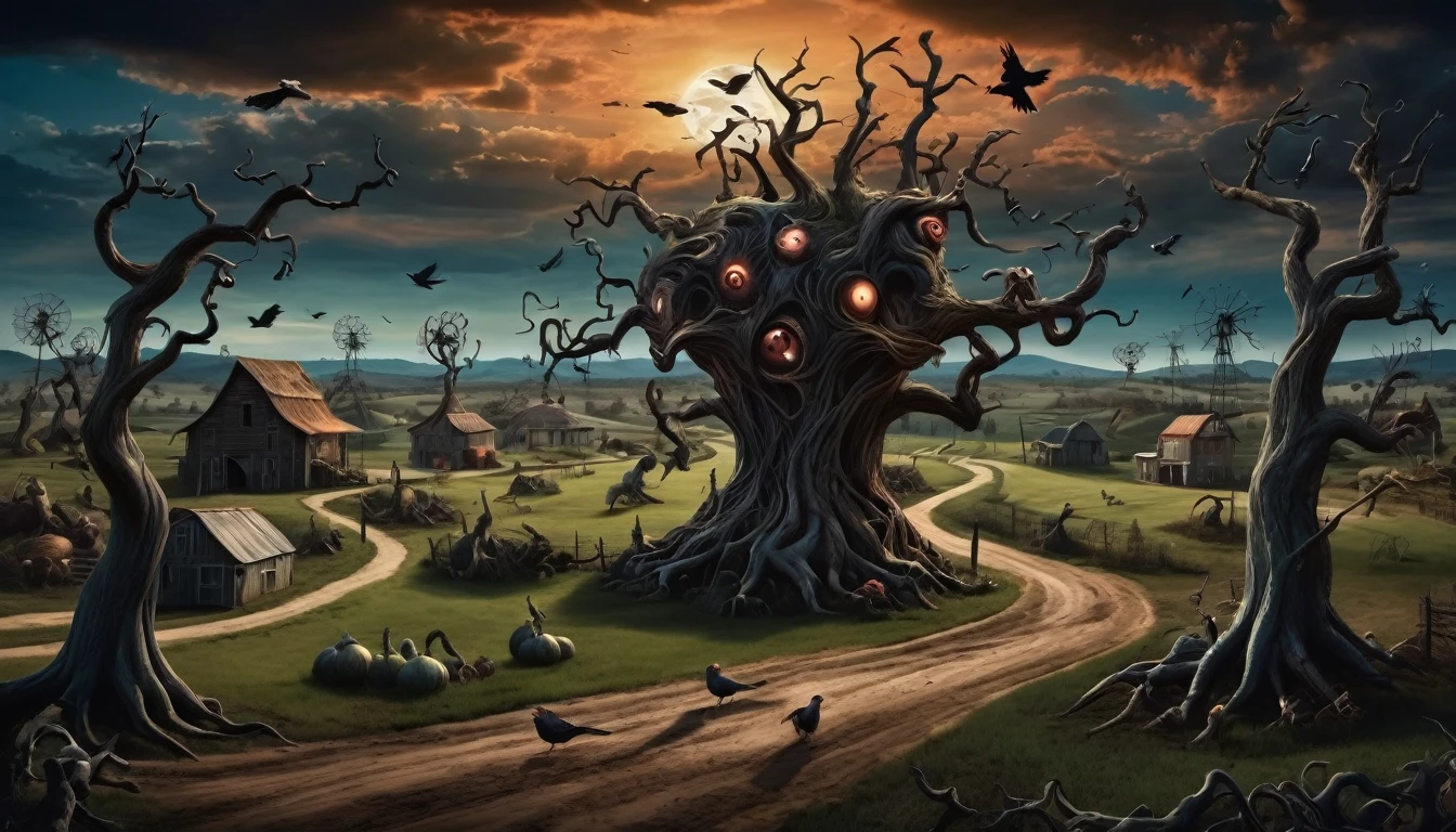 A mystery, Surreal farm at dusk with luan filled with exaggerated shadows ,twisted trees , death birds and monsters in the distance . Hyperrealistic photo, dark colors, 16k