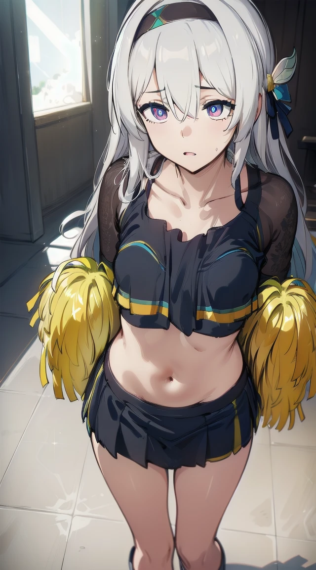 1girl,
BREAK ((fireflycus, hairband, hair ornament, grey hair, :1))
BREAK ((blank eyes,standingleg up ,flat chests,cheerleader,mind control app,hypnosis app:1.5))
BREAK indoors,
BREAK looking at viewer,
BREAK (masterpiece:1.2), best quality, high resolution, unity 8k wallpaper, (illustration:0.8), (beautiful detailed eyes:1.6), extremely detailed face, perfect lighting, extremely detailed CG, (perfect hands, perfect anatomy),