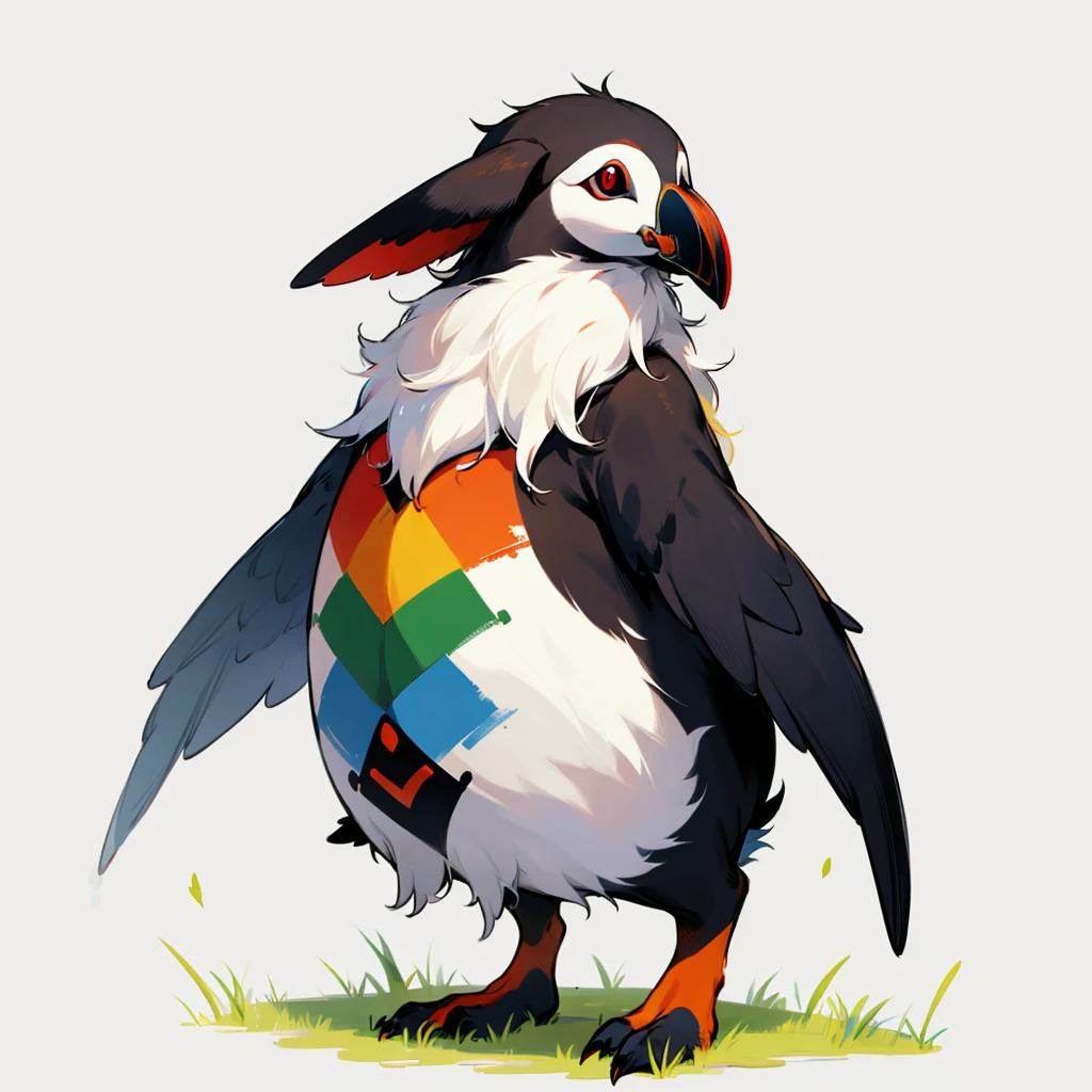 (Random Evolution), (Puffin mixed with big wolf), full body version, rainbow color skins, (red eyes), Grassroots, no background