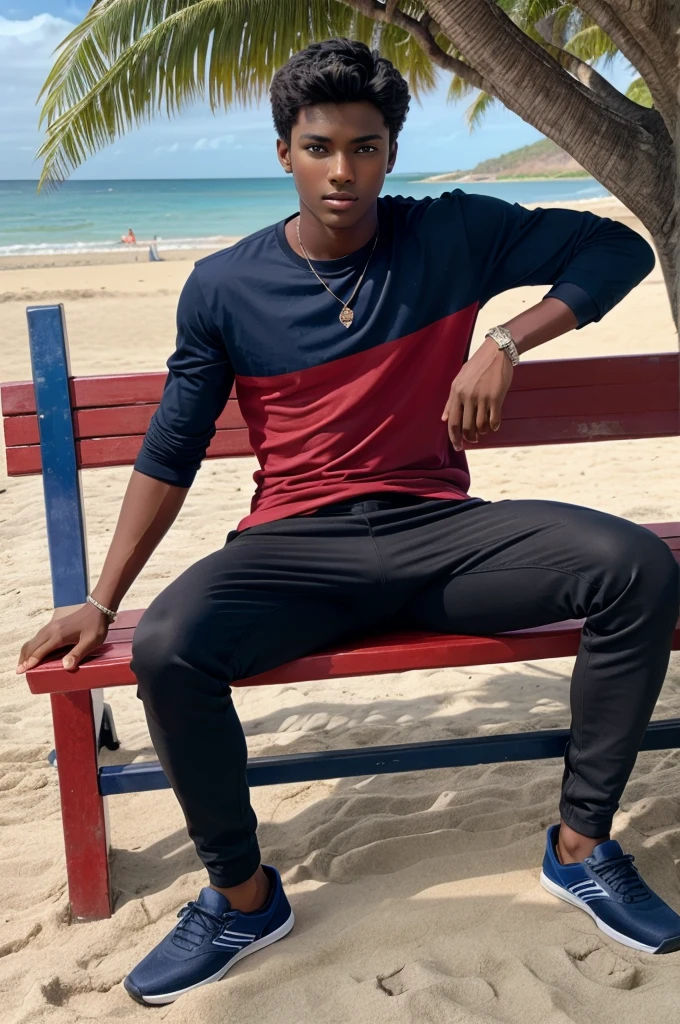 A 17 year old dark brown skin colour boy with blue eyes and perfect body wearing red shirt and black pant sitting on a bench in a beach