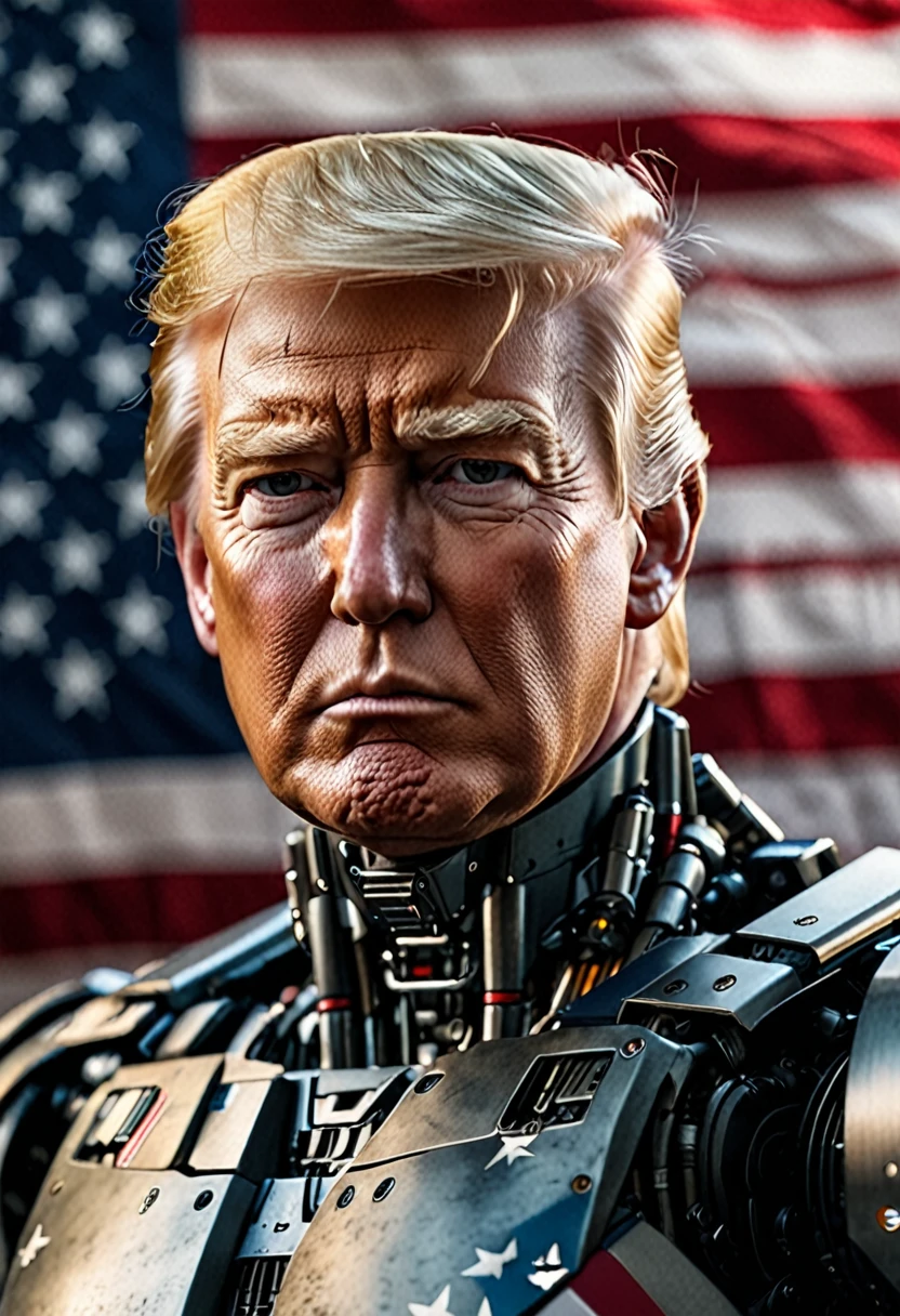 dynamic masterpiece epic cinematic scene, best qualityer, hyper detailled, ultra detaild, 
Trump with half robotic face against US flag background, bokeh, Rambrandt Lighting, In Motion. high budget action movie main theme. CRU photo, motion-blur. best qualityer, high resolution