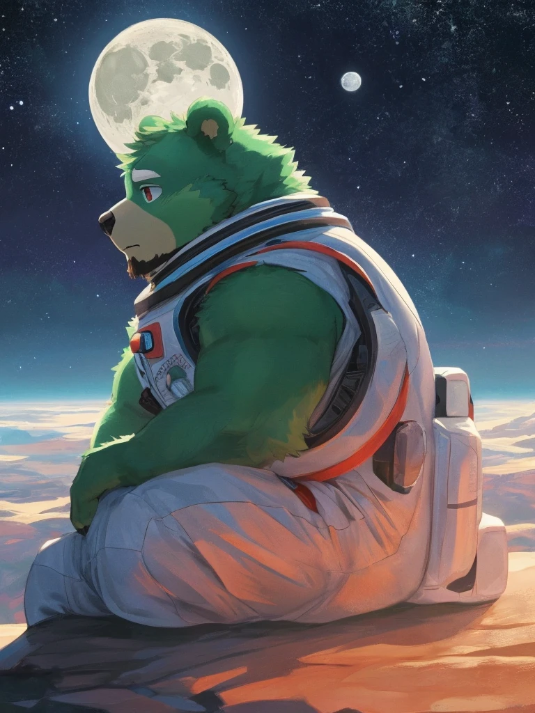 anthro, kemono, male, solo, (((green bear))), (((green fur))), green hair, red eyes, beard, white eyebrows, (masterpiece, best quality), furry male,1boy, spacesuit, astronaut, lunar, moon, earth, gazing at earth, , solemn, melancholic, homesick, furry, anthro, muscular, buff, hunky, alone, barren landscape, distant planet, isolation, longing, pining, reflective, wistful, staring wistfully at the blue planet