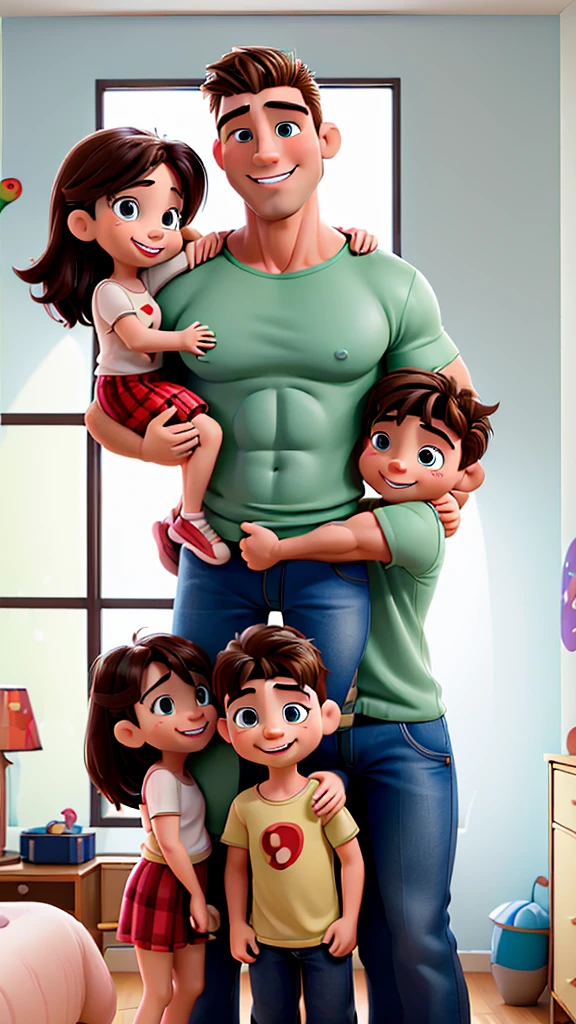 Happy family with a beautiful mommy, a handsome and muscular daddy, and 2 cute kids (boys) hugging each other inside the bedroom