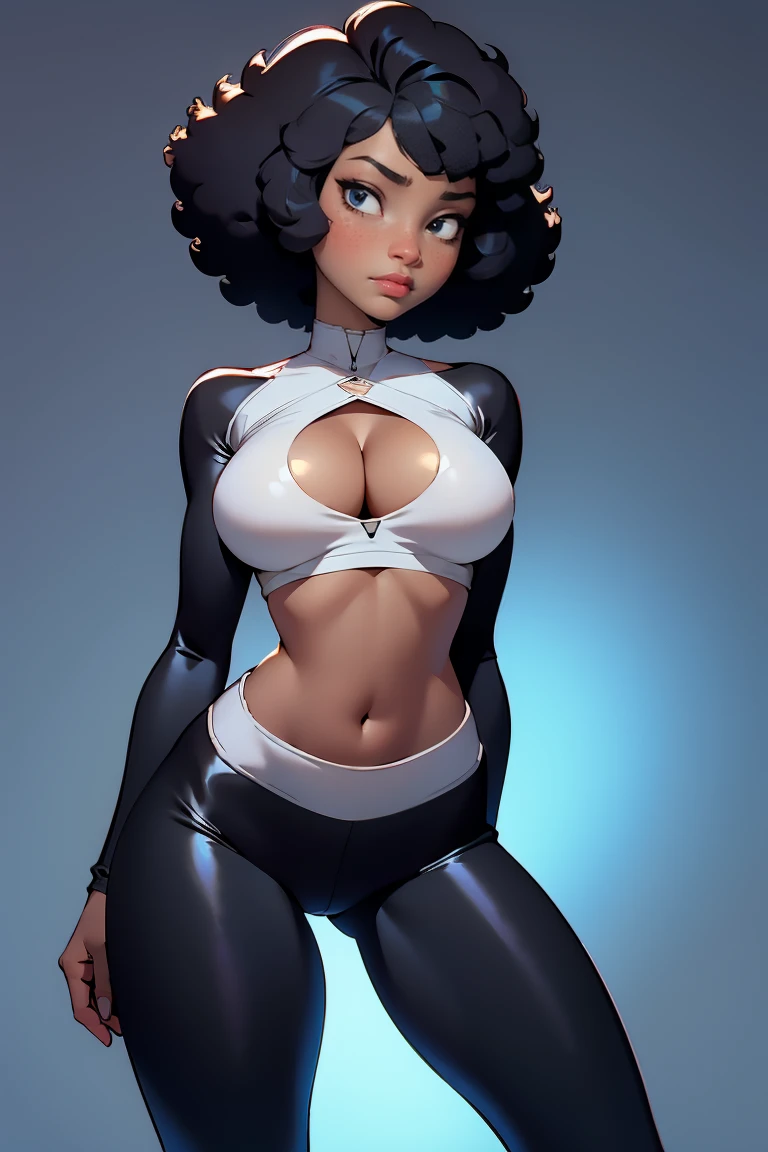 afro american girl, black skin, afro haircut, 1 girl, solo, (black leggins) (bra), cleavage, sleveless, medium perky , wide hips