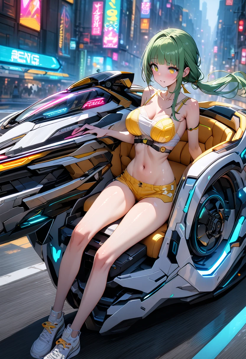 ((masterpiece,Highest quality:1.3)),cowboy shot,1woman,30 year old beauty、Investigator、独奏,(very small head:1.3),green hair,(low ponytail),long hair,blunt bangs,green eyes,gorgeous eyes,medium breasts,(very long body:1.2),(toned body,slender body,skinny),gleaming skin,shiny skin,oily skin,Yellow tube top bra、navel、Yellow micro shorts、(Drive a futuristic motorcycle、Sit on the seat:1.5)、White athletic shoes、Sprint、on road,Metropolis,neon、World of Blade Runner、