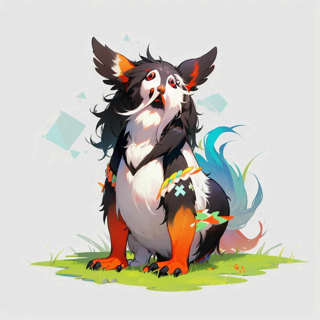 (Random Evolution), (Puffin mixed with big wolf), full body version, rainbow color skins, (red eyes), Grassroots, no background