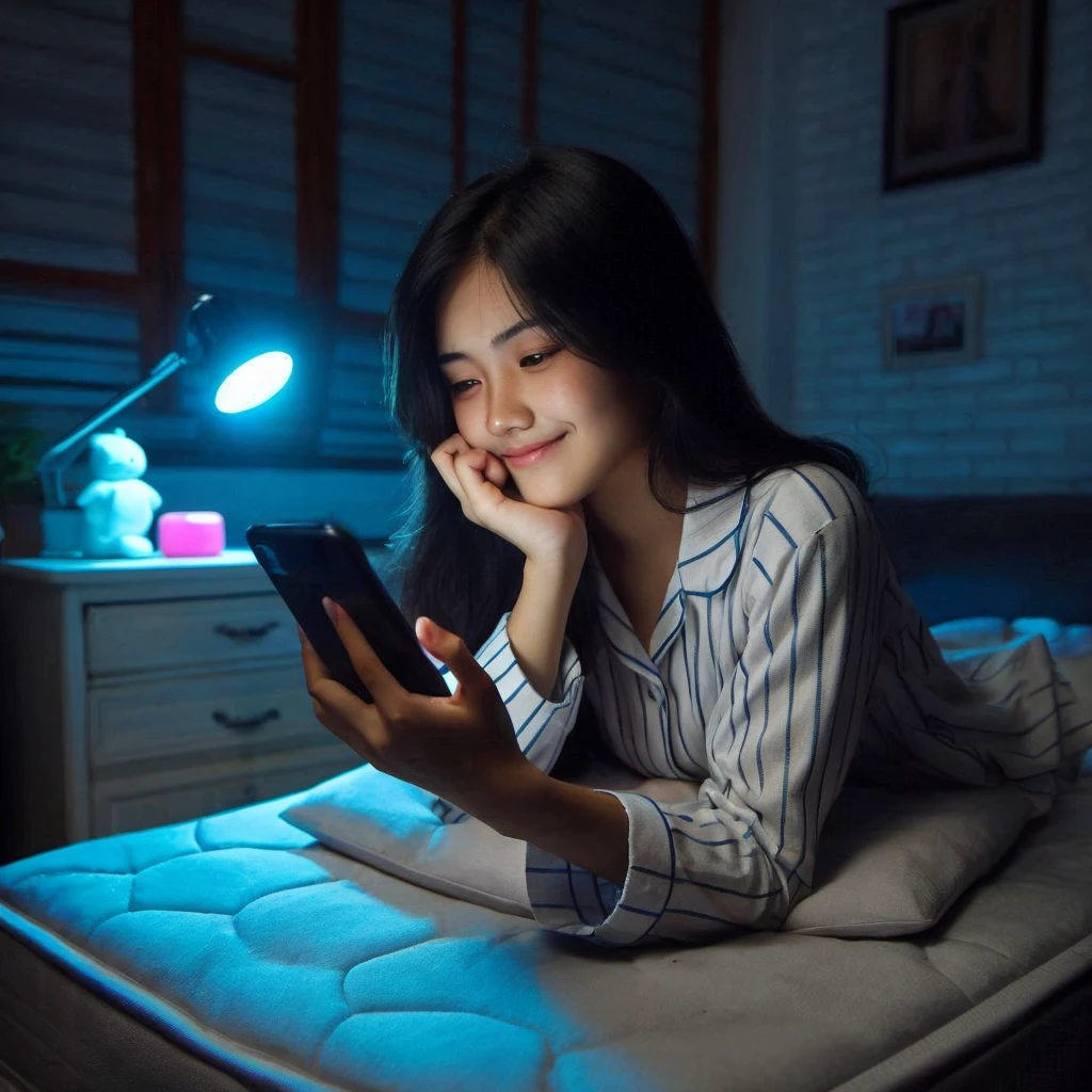 a 20 year old Indonesian girl was holding her chin while making a phone call on the bed , wearing pajamas to sleep, The background of the dark room is illuminated by the light of a bedroom lamp and the LED light glowing blue and pink 