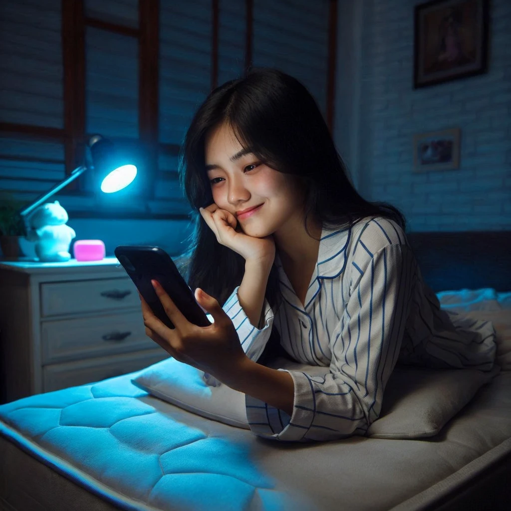 a 20 year old Indonesian girl was holding her chin while making a phone call on the bed , wearing pajamas to sleep, The background of the dark room is illuminated by the light of a bedroom lamp and the LED light glowing blue and pink