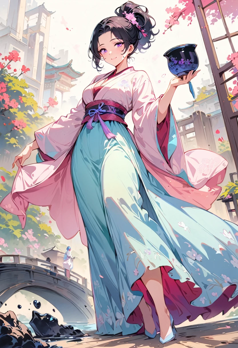 (masterpiece, best quality:1.2), 1 woman, Hanfu, (Dress conservatively:1.3), (delicate and beautiful face:1.8), mature, laugh, black hair, hairpin, purple eyes, beautiful bridge, (ink stain) beautiful portrait, clothing ink style, traditional china painting, ink bismuth, from below, masterpiece, high details, ponytail, full body