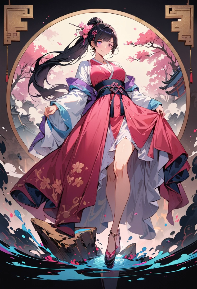 (masterpiece, best quality:1.2), 1 woman, Hanfu, (Dress conservatively:1.3), (delicate and beautiful face:1.8), mature, laugh, black hair, hairpin, purple eyes, beautiful bridge, (ink stain) beautiful portrait, clothing ink style, traditional china painting, ink bismuth, from below, masterpiece, high details, ponytail, full body