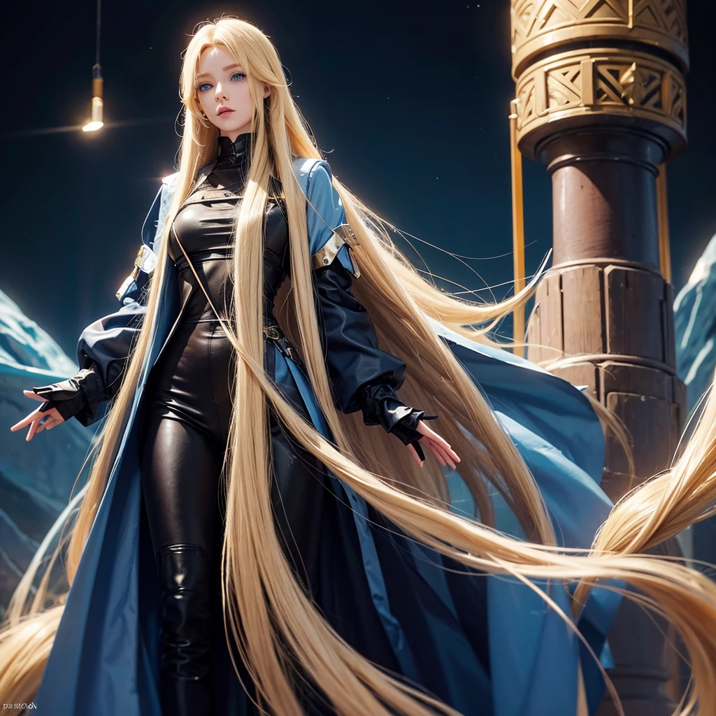 humanoid female, long blonde hair blue eyes 6 foot seven inch, 38 24 36