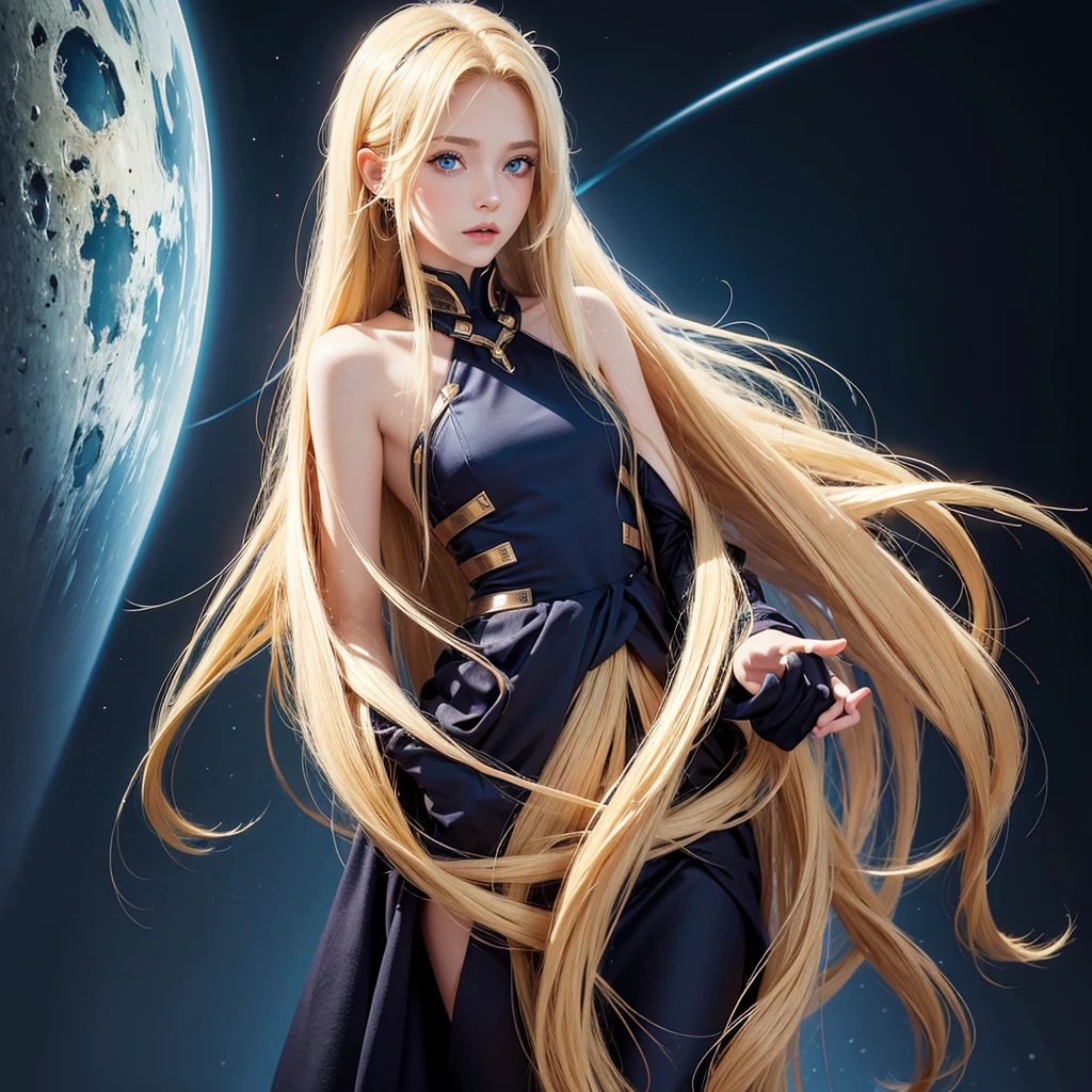 humanoid female, long blonde hair blue eyes 6 foot seven inch, 38 24 36