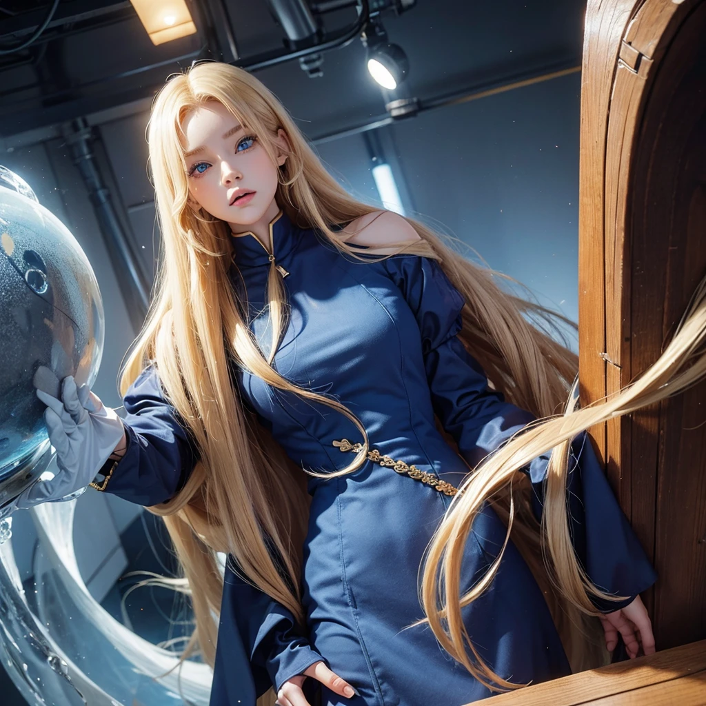 humanoid female, long blonde hair blue eyes 6 foot seven inch, 38 24 36