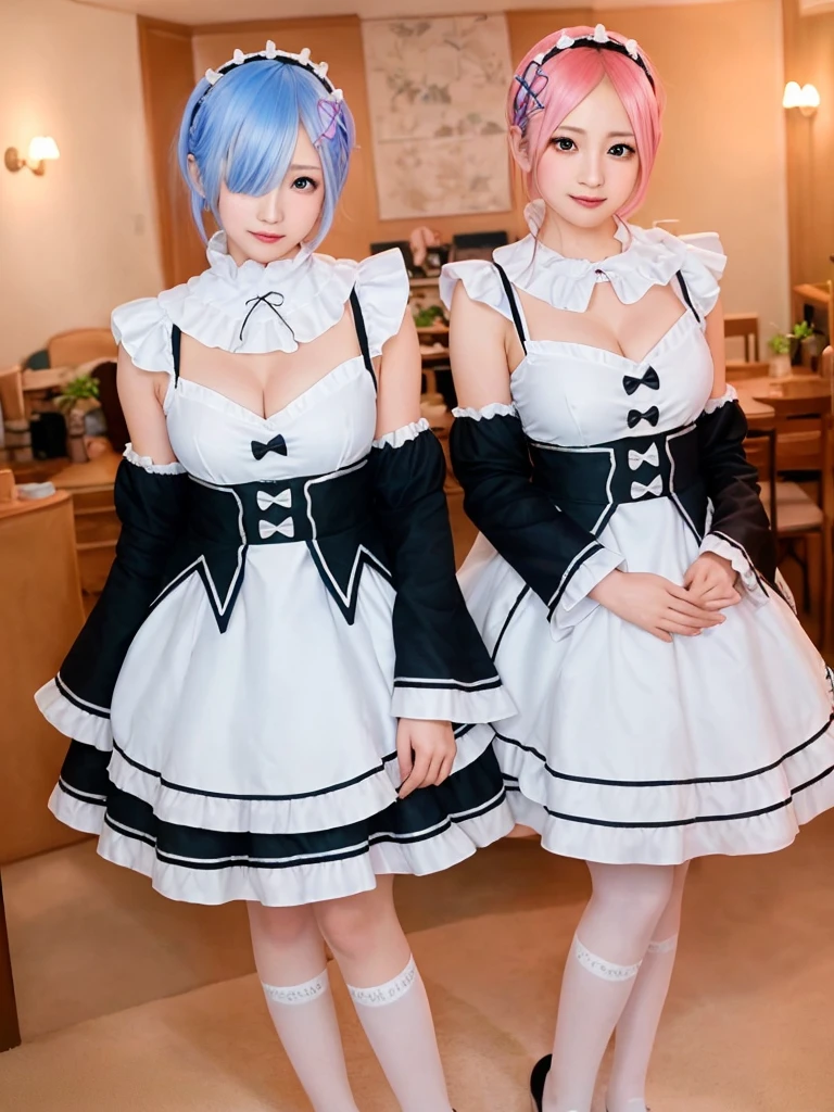 (8K, Photorealistic, Raw photo, of the highest quality: 1.3), (1girl in), Super beautiful, (Realistic face), (boyish, light blue Color Berry Shorthair),(8K, Photorealistic, Raw photo, of the highest quality: 1.3), (1girl in), Super beautiful, (Realistic face), (boyish, pink Color Berry Shorthair), Beautiful , Glare that captivates the viewer, Beautiful expression, Beautiful breasts, (Realistic skin), Be...Create a detailed and colorful image of Ram and Rem from Re:Zero, standing back-to-back in their maid outfits, with a magical fantasy background、14years old, two girls,cute, perfect face, beautiful, nice body, gothic lolita clothes, gothic lolita fashion, frilly skirt, headdress, necklace, bracelet, knee-high socks, boots, double eyelids, tear bags, Detailed down to the fingers, photo-like description, indoors, dim indoor lighting, one girl is pink hair and short bob, another girl is light blue hair and short bob,standing, whole body, composition that shows the whole body, smiling,The Both of them are wearing the same type of maid outfit