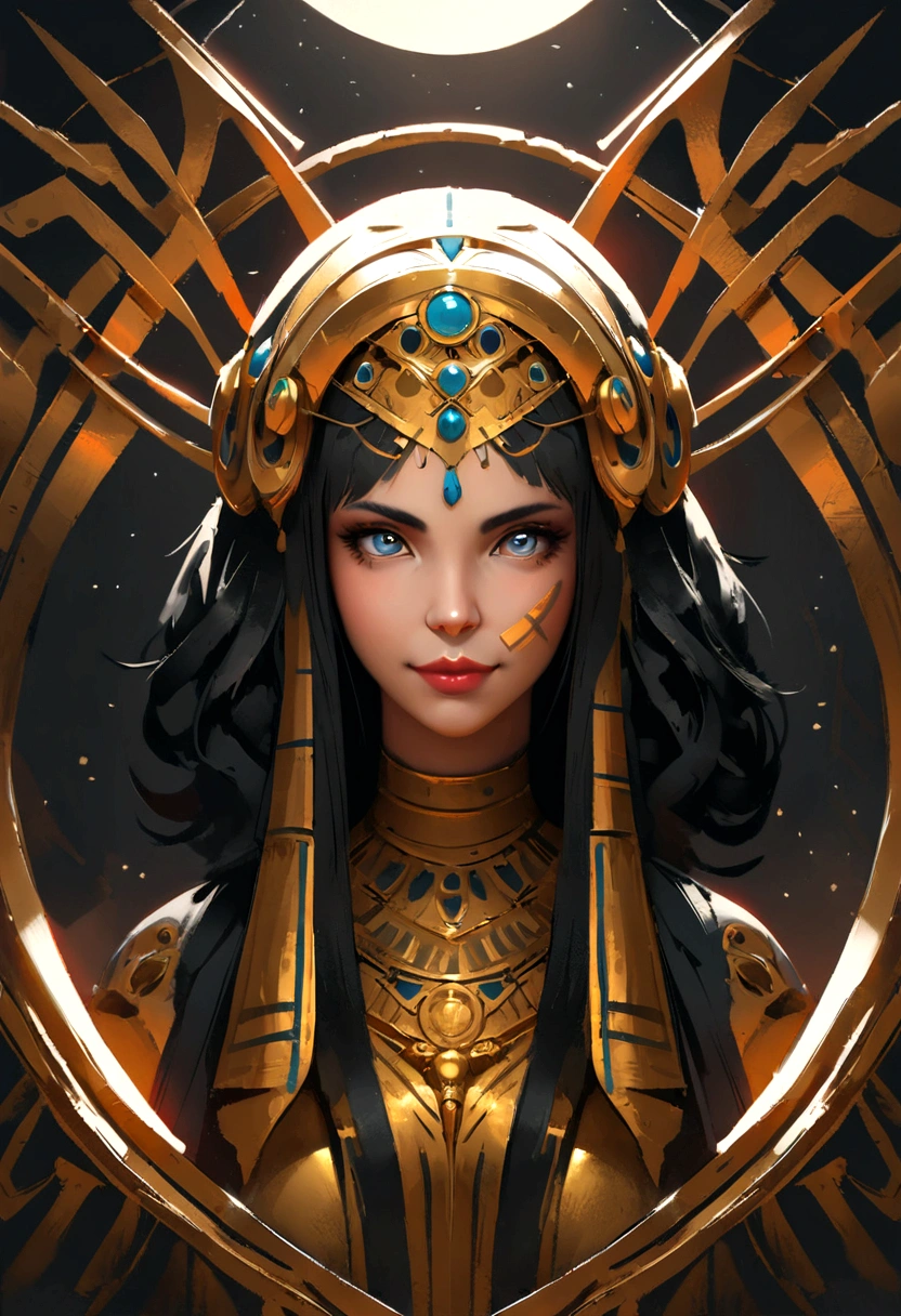 Female of justice holding a scale symbolizing justice, cleopatra smiling, intricate Egyptian attire, middle eastern ancestry, upper torso portrait, egyptiancore, symmetrical face, perfect eyes, very fine facial details, hyper 8K detailed photo, shiny gold metal background, backlighting, 8k resolution, concept art, by Greg Rutkowski, Artgerm, WLOP, Alphonse Mucha, Beeple, Caravaggio, triadic colors Unreal Engine 5 volumetric lighting, perfect composition, beautiful, trending on artstation, sharp focus, studio photo, intricate details, highly detailed, by greg rutkowski