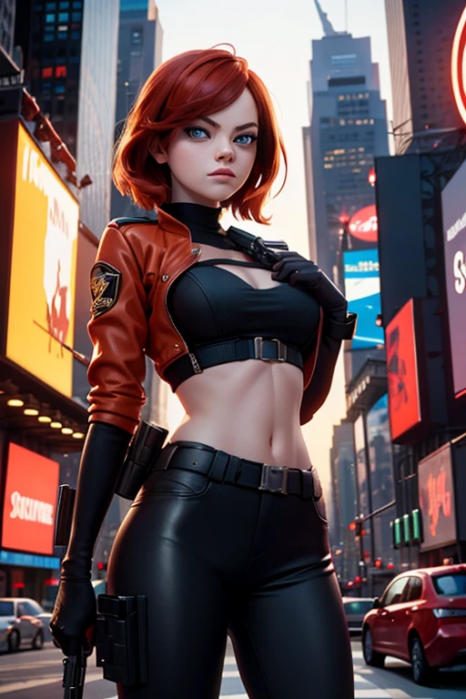 Emma stone with red hair as a division agent on times square. Looking sexy with a gun in her hand tight clothes golden hour